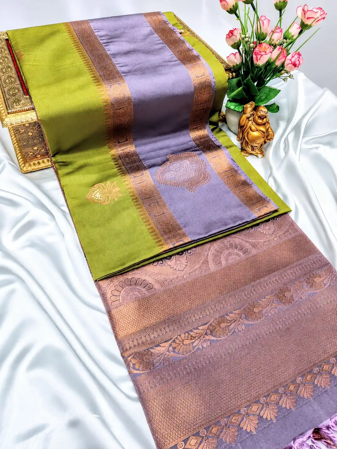 Paisley Floral Vine Zari Border Semi Kanchipuram Silk Saree